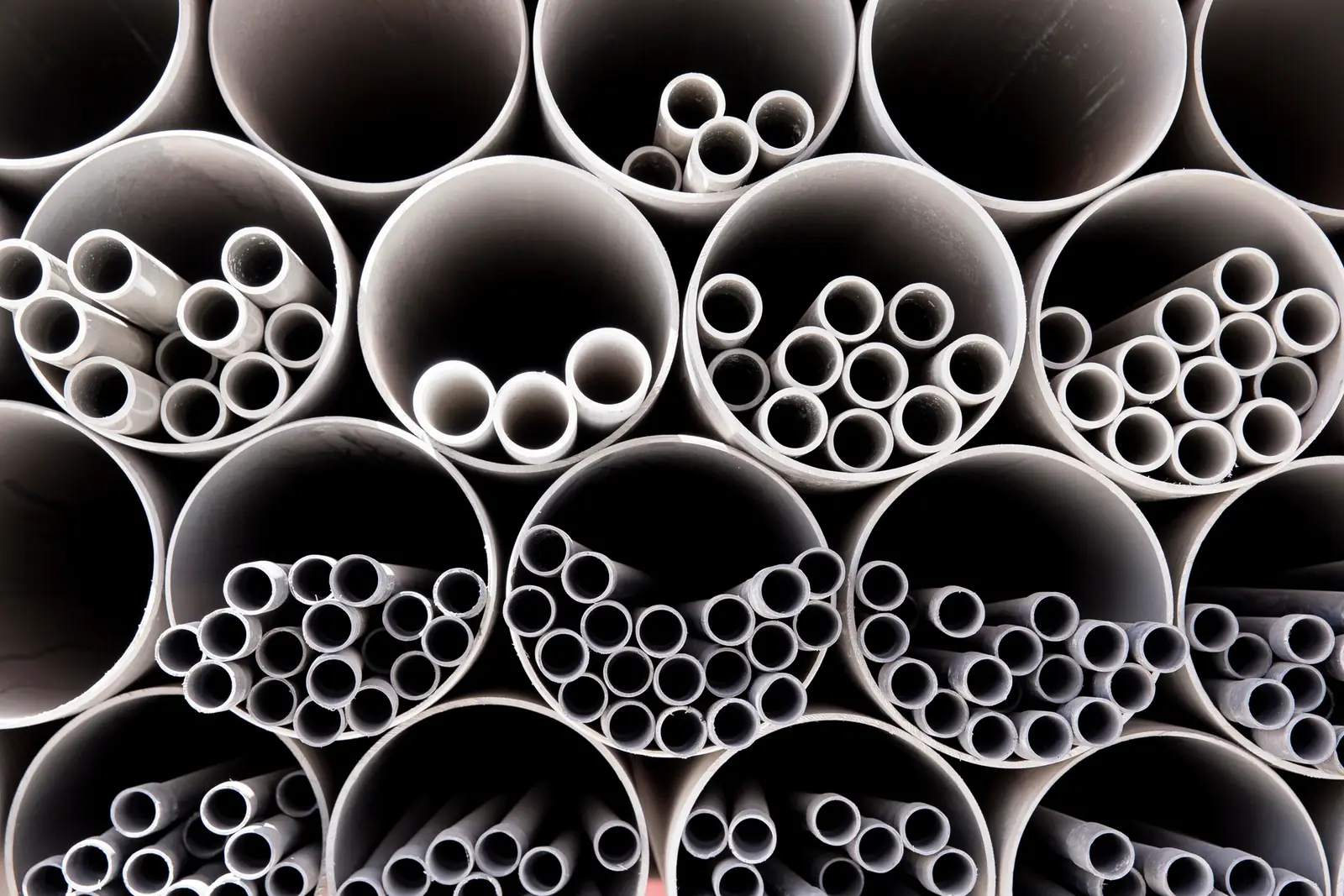 Assorted thermoplastic pipe diameters including PE utility sizes
