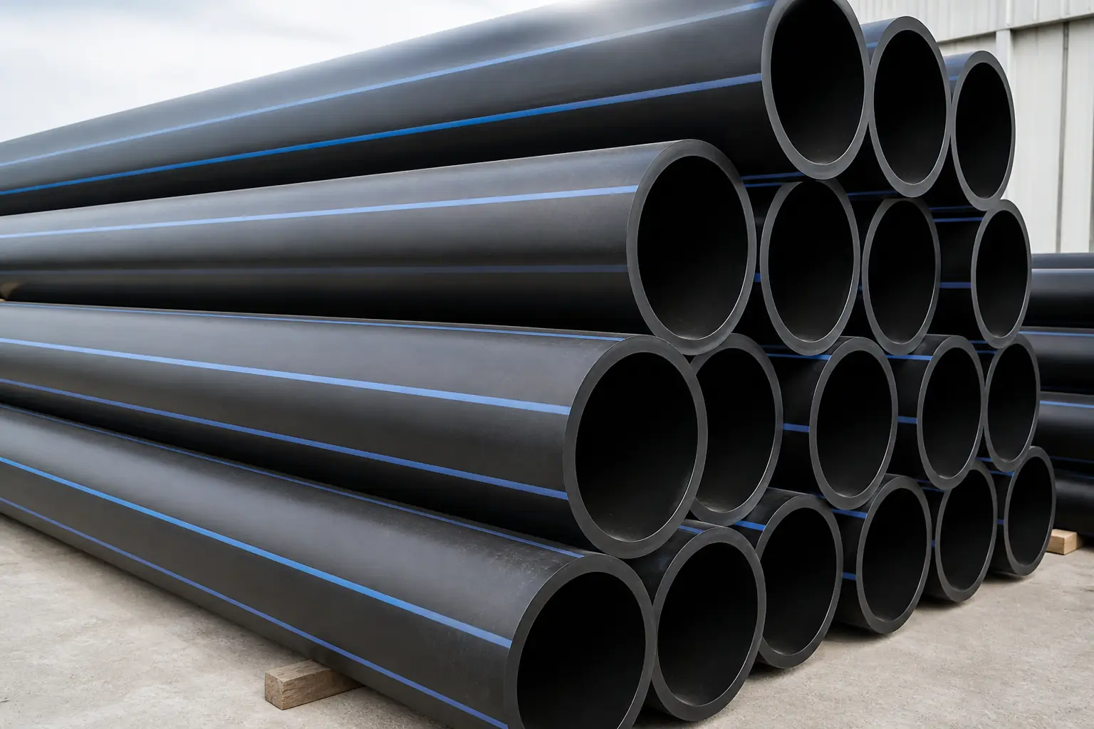 Black HDPE polyethylene pressure pipes with identification stripe