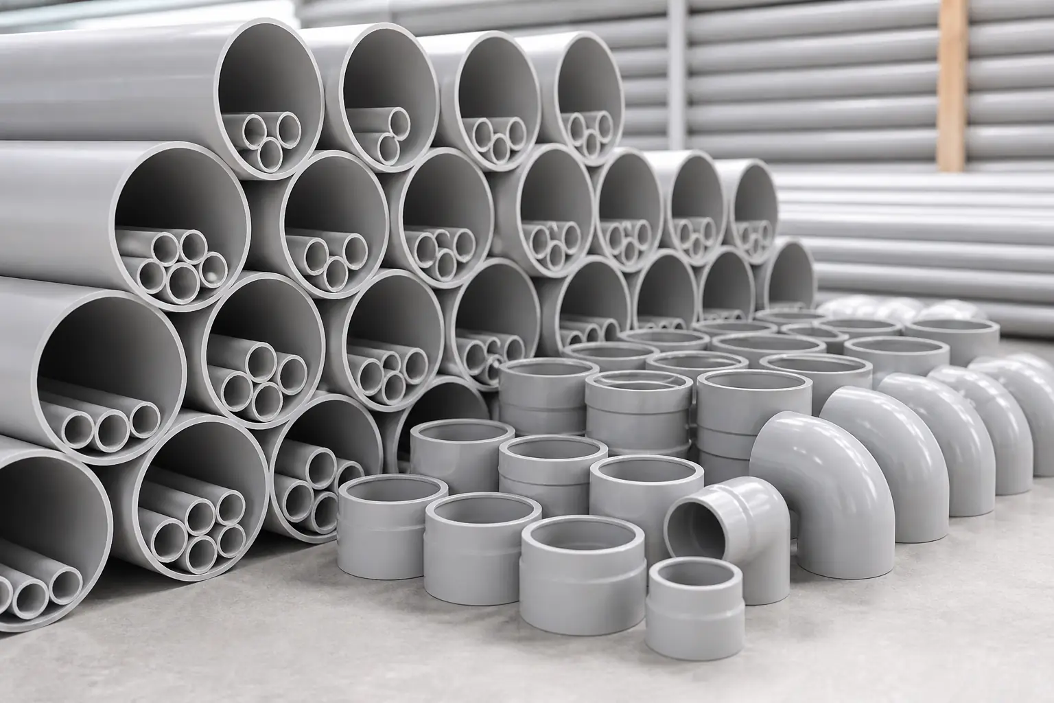 Grey PVC electrical conduit pipes with couplings